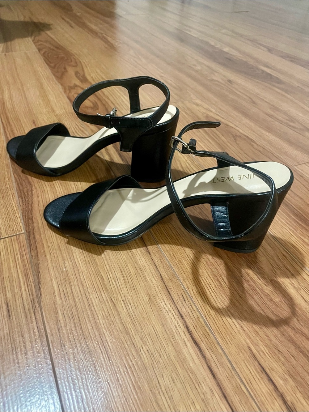 Nine West Black Ankle-Strap Low Block Heel Sandals, Size 7.5